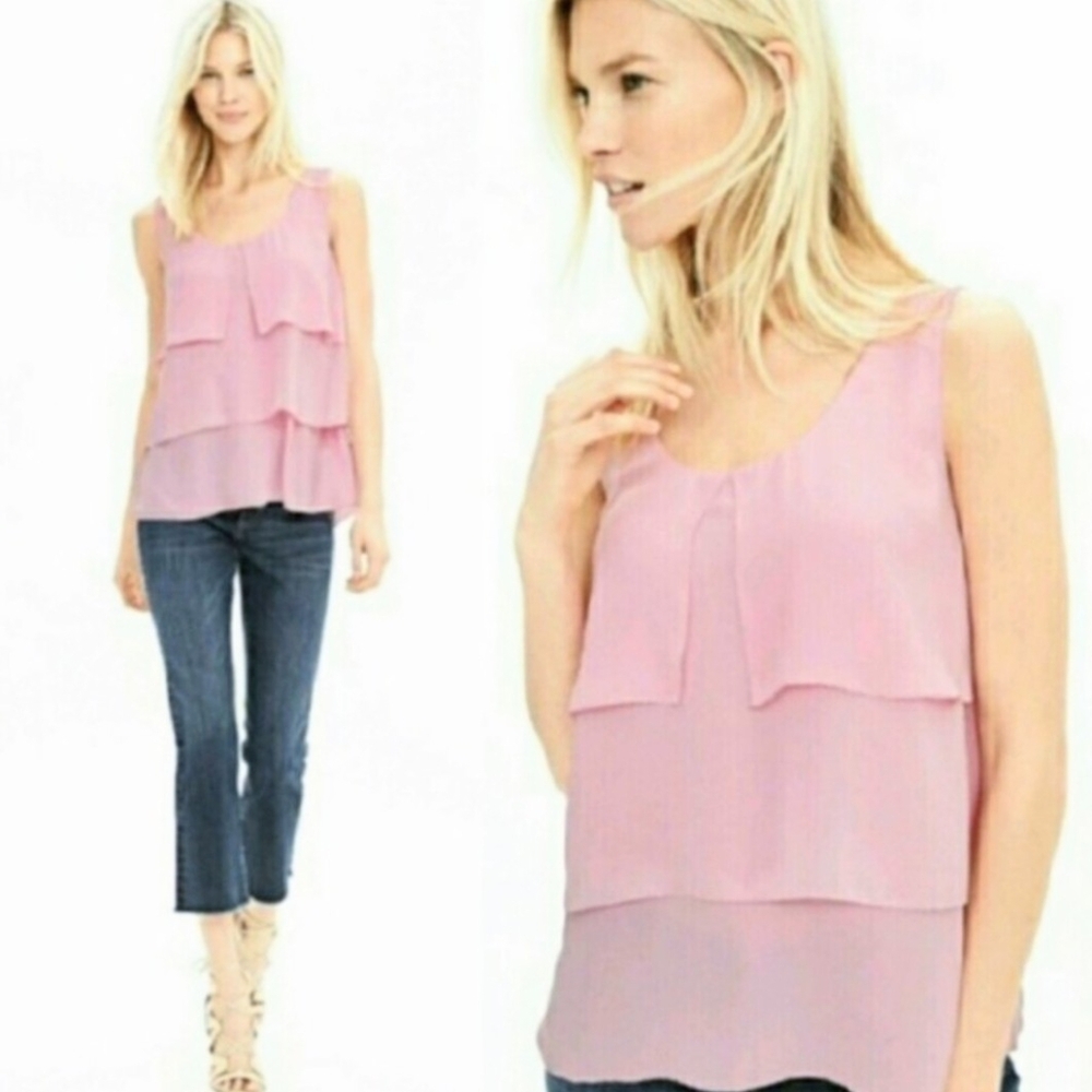 Banana Republic Pink Chiffon Tiered Tank Blouse Medium Petite